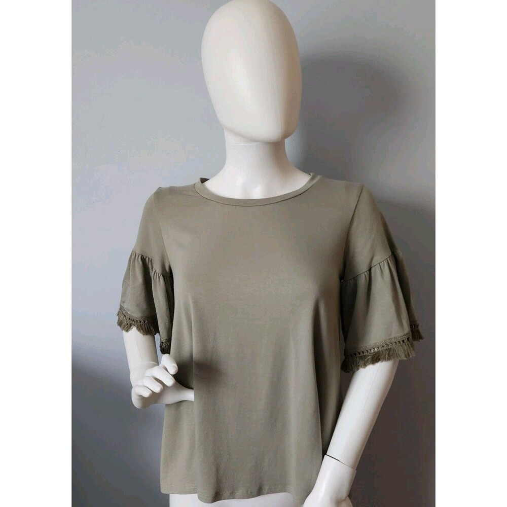 NEW Johnny Was Short Sleeve Swing Top XS Sage green Fringe Trimmed NWT $165